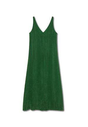 Groene mouwloze jurk met een V-hals, rechte snit, zachte textuur en een lengte tot op de knie. Geen zichtbare patronen of hardwareaccenten.