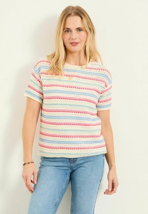 Pulover cu mânecă scurtă multicolor, cu model în dungi pastelate, având culorile albastru, roz și crem; material texturat cu mici decupaje.
