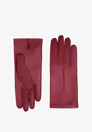 Gants en cuir bordeaux avec une texture lisse, présentant des détails de couture et une conception ajustée pour les mains, avec un poignet ouvert.