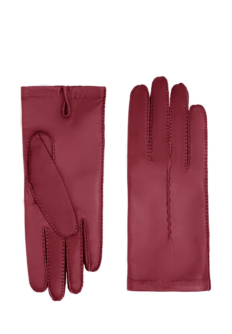 Gants en cuir bordeaux avec une texture lisse, présentant des détails de couture et une conception ajustée pour les mains, avec un poignet ouvert.