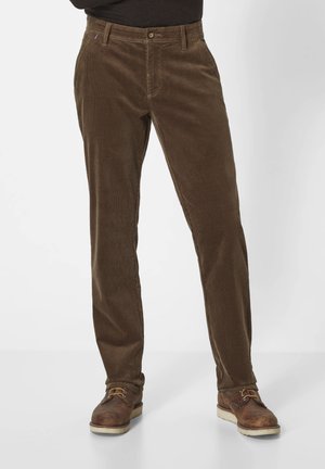 Brown corduroy pants with a straight cut, featuring a button front, side pockets, and textured fabric details. Suitable for casual wear.