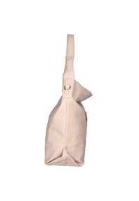 Borsa a spalla in pelle beige con una tracolla, chiusura con zip, texture liscia e una tasca laterale con un dettaglio zip dorato.