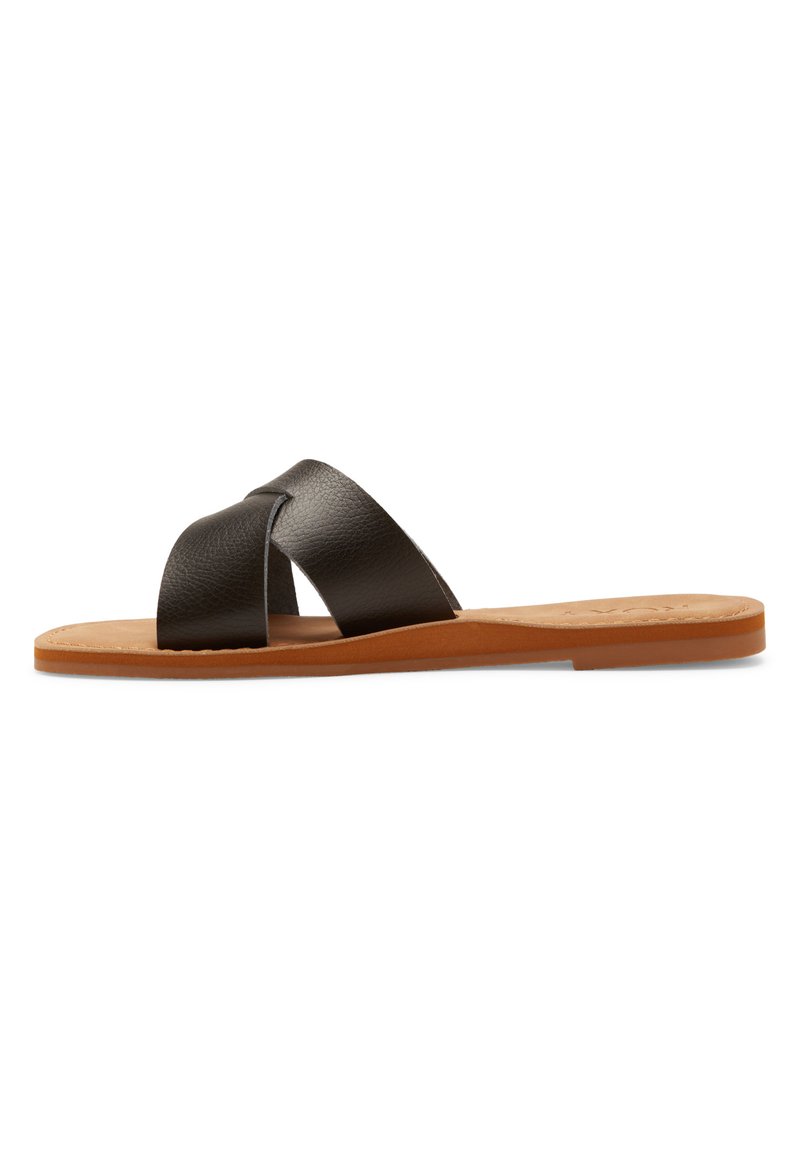 Black leather slide sandal with crossed straps, tan cushioned footbed, and a flat rubber sole.  Smooth texture and minimalist design.