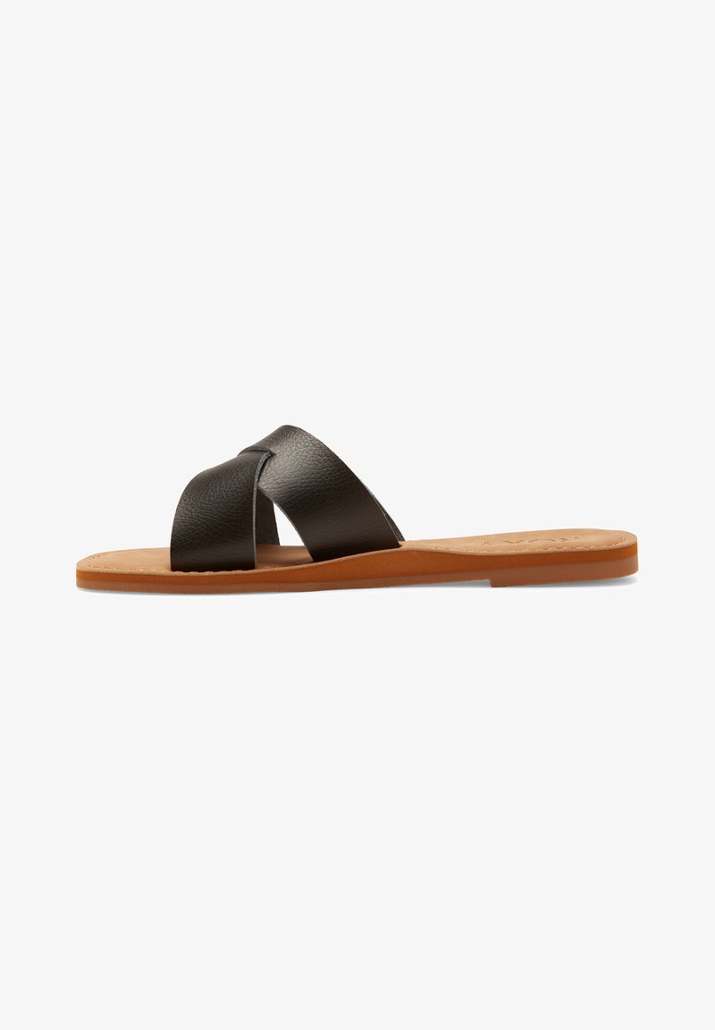 Black leather slide sandal with crossed straps, tan cushioned footbed, and a flat rubber sole. Smooth texture and minimalist design.