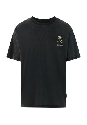 Musta lyhythihainen t-paita, pehmeästä kankaasta, jossa pieni kultainen palmupuulogo rinnassa ja rento istuvuus.