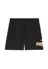 Shorts deportivos negros hechos de una tela ligera, con una cintura elástica, bolsillos laterales y un logotipo gráfico dorado en la parte frontal.
