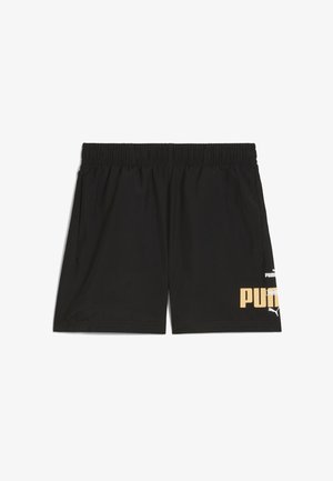 Zwarte sportshorts van lichtgewicht stof, met een elastische tailleband, zijzakken en een gouden grafisch logo op de voorkant.