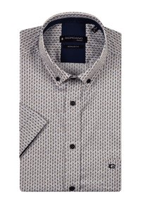 Wit overhemd met een geometrisch patroon in marineblauw en beige. Heeft een regular fit, korte mouwen en zwarte knopen.