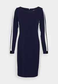 Robe bleu marine à manches longues, avec des panneaux latéraux blancs et un col rond. Texture lisse, coupe ajustée et fermeture à glissière au dos.