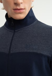 Vīrietis ģērbies tumši zili pelēkā džemperī ar rāvējslēdzēju un augstu apkakli, uz krūtīm redzams uzraksts "BIG STAR"; redzamas lūpas un zods.