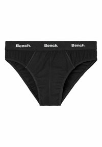 Schwarze Baumwollslips mit einem breiten elastischen Taillenbund, auf dem regelmäßig das weiße "Bench."-Logo zu sehen ist. Glatte Textur, klassisches Slip-Design und keine Muster.