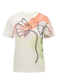 Camiseta de algodón blanca con un dibujo a línea negra de flores, con acentos en acuarela en rosa y verde, mangas cortas y cuello redondo.