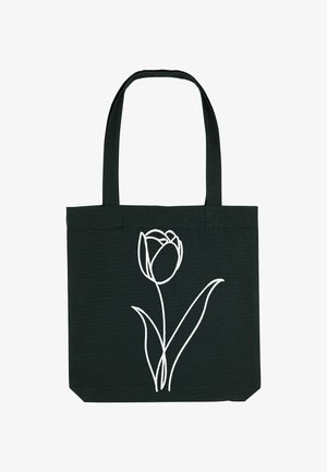 Zwarte tote bag met lange handvatten, voorzien van een eenvoudige witte lijntekening van een enkele tulp met twee bladeren aan de voorkant.