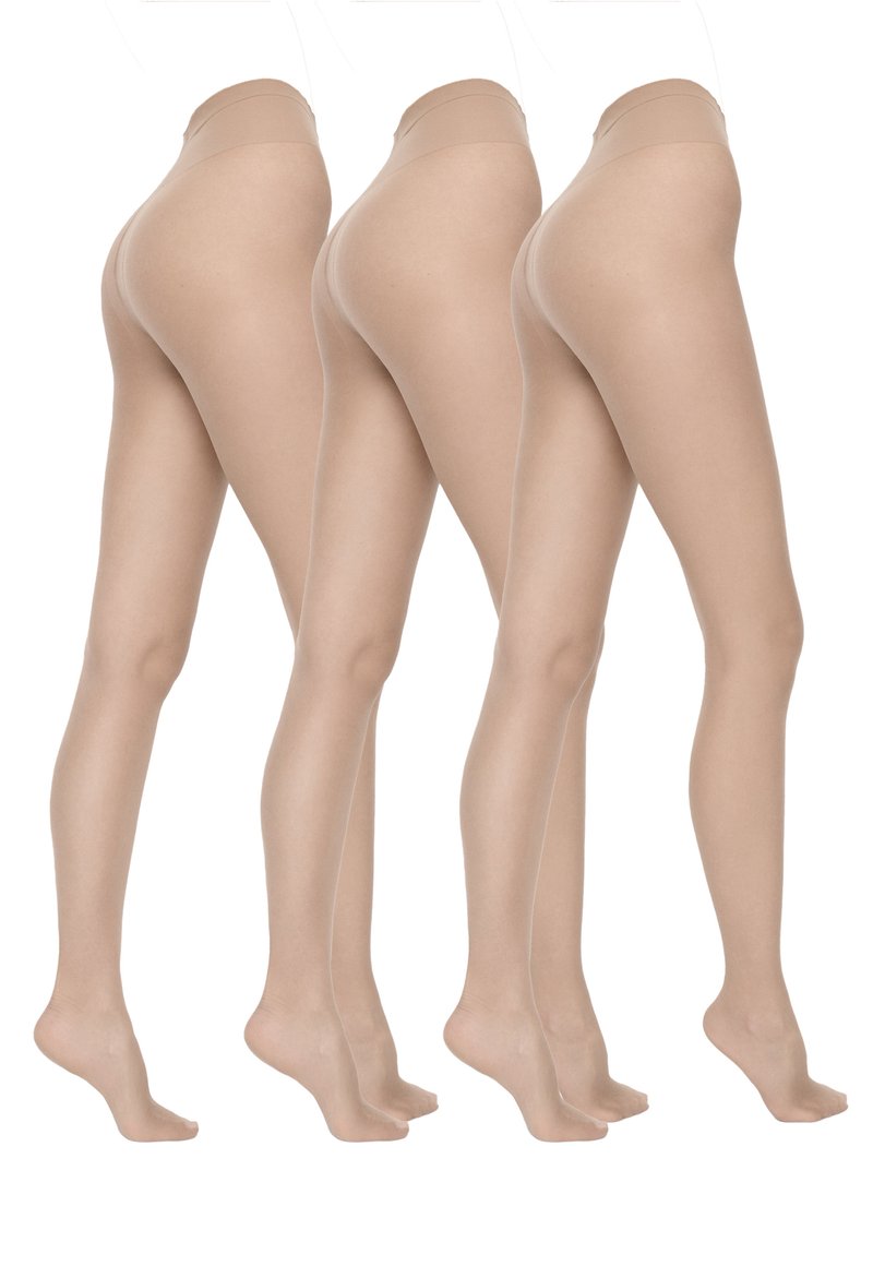 Beżowe półprzezroczyste rajstopy o gładkiej teksturze, wysokim stanie i długości do kostek, prezentowane w nakładających się pozycjach z boku.