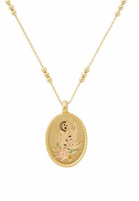 Gold oval pendant necklace with engraved rabbits, pink flowers, and a crescent moon on a fine chain with spaced gold beads.