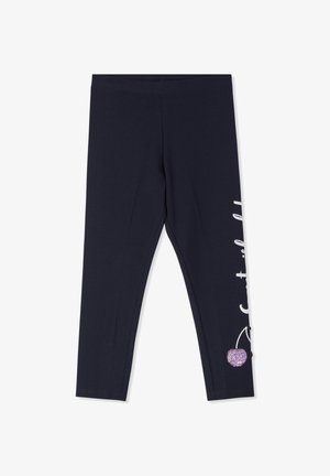 Leggings in cotone blu navy con design aderente, caratterizzati da scritte bianche e una grafica di ciliegia con accenti scintillanti sulla parte inferiore della gamba.