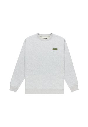 Grauer Sweatshirt, Rundhalsausschnitt, lange Ärmel. Hergestellt aus weichem Stoff mit ribbeden Bündchen und Saum. Mit einem kleinen grünen Logo auf der Brust.
