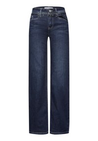 Jeans de mezclilla rectos de color azul oscuro con cinturilla, botón frontal y detalles de costura visibles.
