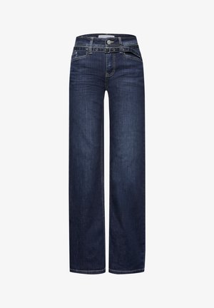 Dark blue straight-leg denim jeans with belt loops, front button, and visible stitching details.