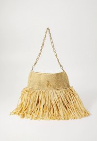 Austu salmu soma ar zelta ķēdes siksniņu un bārkstīm apakšā. Gaiši bēša krāsa ar fakturētu virsmu un vienkāršu dizainu.