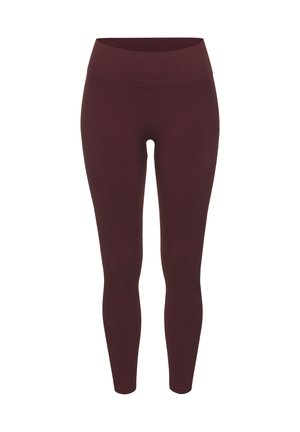 Burgundy leggings made from stretch fabric, featuring a high waistband and a smooth texture. Full-length design with no visible seams.