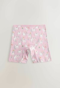 Roosad laste lühikesed püksid valgeid ükssarvikuid, losse, vikerkaari ja lillemustritega, millel on pitsist ääristusega vöökoht.