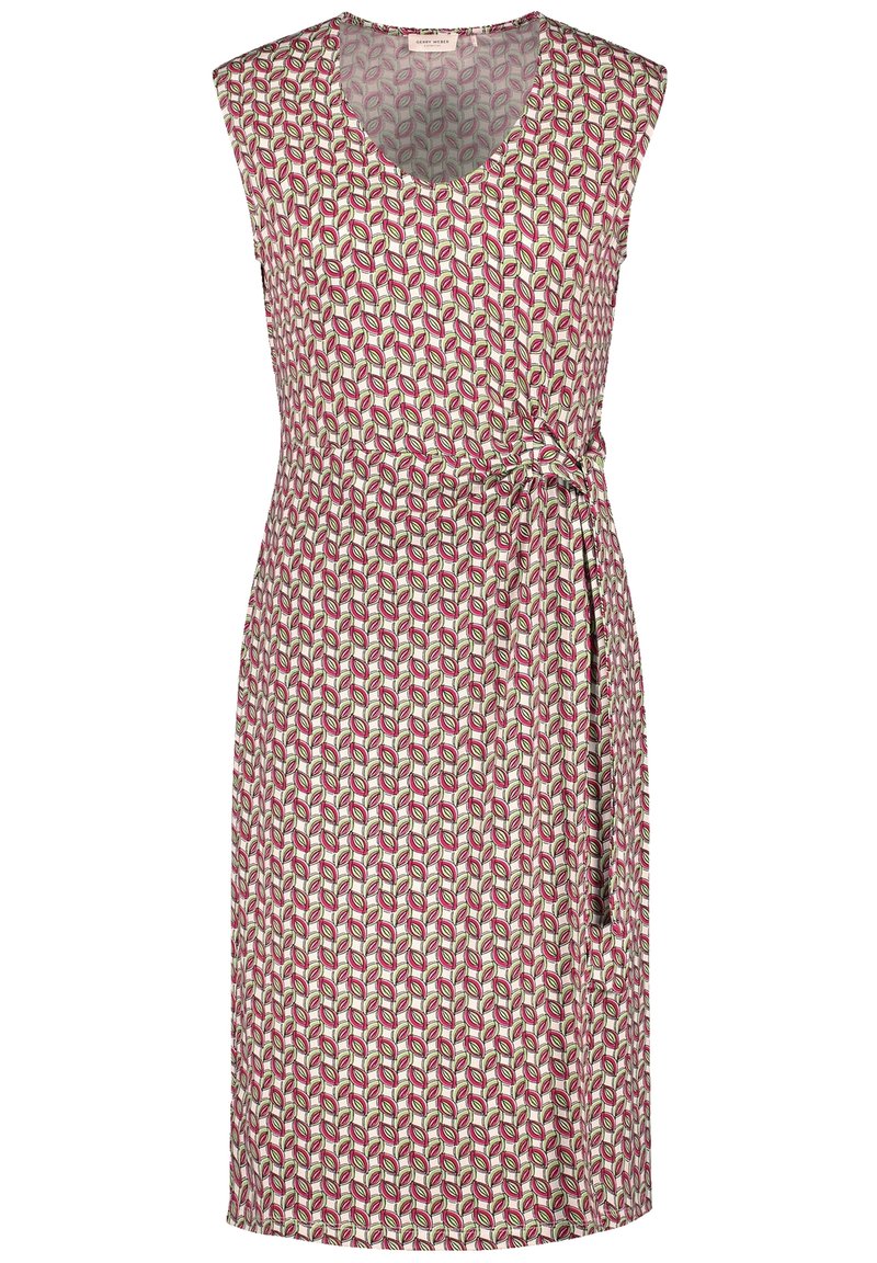 Vestido sin mangas de estampado floral en crema, con diseños de hojas en rosa y verde, cintura ceñida con un cinturón atado.