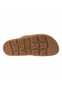 Suola di scarpa in gomma marrone con superficie texturizzata, caratterizzata da un motivo di cerchi e quadrati per grip e trazione.