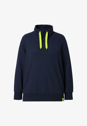 Navy blue pullover with a textured fabric, high collar, and neon green drawstrings. Features a small yellow label at the hem.
