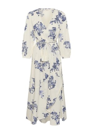 Krém színű, kék virágmintás wrap ruha háromnegyedes, puffos ujjakkal, V-nyakkivágással és rojtos megkötős övvel a deréknál.