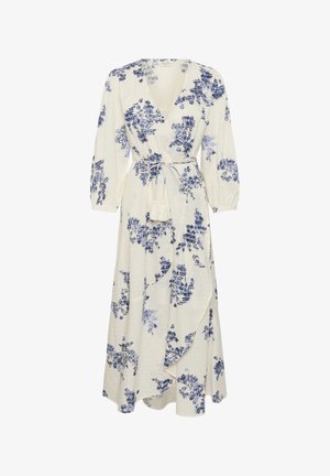 Cremefarbener Wickelkleid mit blauem Blumenmuster, dreiviertellangen Puffärmeln, V-Ausschnitt und Quastenbindegürtel an der Taille.