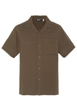 Bruine korte mouwen blouse met knopen, kraag, borstzak en subtiel "Schott" logo borduursel boven de zak.