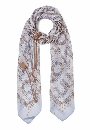 Sciarpa grigio chiaro con motivi a puntini marroni, con illustrazioni dettagliate di un ricevitore telefonico e del cavo in uno stile vintage.