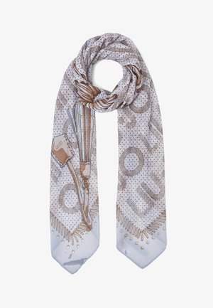 Écharpe gris clair avec des motifs brun pointillés, présentant des illustrations détaillées d'un combiné téléphonique et d'un cordon dans un style vintage.