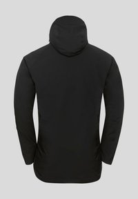 Zwarte geïsoleerde jas met een capuchon, met een soepele textuur en een strakke snit. Voorzien van lange mouwen en een rechte zoom aan de achterkant.