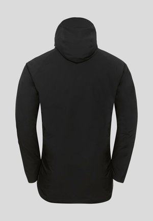 Schwarze isolierte Jacke mit Kapuze, die eine glatte Textur und einen eleganten Schnitt aufweist. Mit langen Ärmeln und einem geraden Saum hinten.