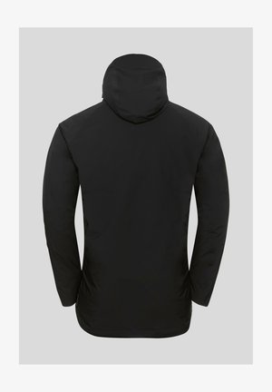 Schwarze isolierte Jacke mit Kapuze, die eine glatte Textur und einen eleganten Schnitt aufweist. Mit langen Ärmeln und einem geraden Saum hinten.