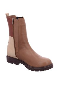 Brown leather ankle boot with a side zipper, featuring a smooth finish, contrasting tan and cream accents, and a rugged brown sole.