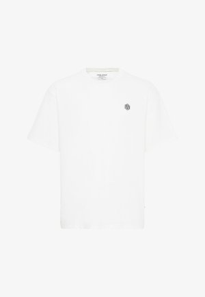 White short-sleeve t-shirt featuring a round neckline and a small grey geometric logo on the left chest. Made from soft cotton material.