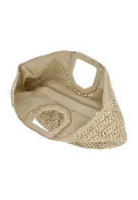 Béžová tkaná kabelka s texturovaným povrchem ze slámy, dvěma vypodloženými úchyty a hladkým látkovým vnitřkem s kapsou na zip.