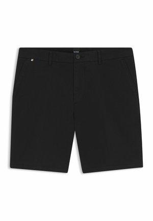 Czarne, dopasowane szorty z przednimi kieszeniami, szlufkami na pasek, zapięciem na guzik i suwak oraz małą metką marki na środku pasa.