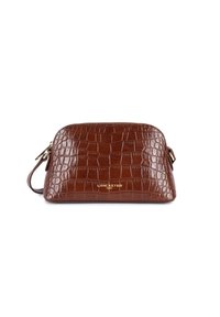 Sac en cuir synthétique effet crocodile marron avec une forme arrondie, fermeture éclair et un logo de marque en ton doré à l'avant. Sangle ajustable incluse.
