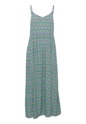 Ärmlös maxiklänning i lätt tyg med ett blått och grönt blommönster, med en figursydd överdel och flödande kjol.