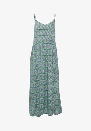 Ärmlös maxiklänning i lätt tyg med ett blått och grönt blommönster, med en figursydd överdel och flödande kjol.