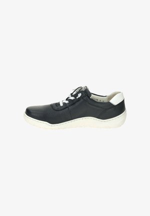 Black leather sneaker with textured surface, white rubber sole, and gray laces. Features a rounded toe and contrasting heel detail.