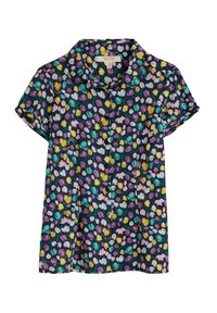 Chemise à manches courtes à boutons avec un motif floral multicolore en jaune, blanc, rose, violet et bleu sarcelle sur fond sombre.