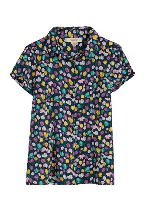 Chemise à manches courtes à boutons avec un motif floral multicolore en jaune, blanc, rose, violet et bleu sarcelle sur fond sombre.