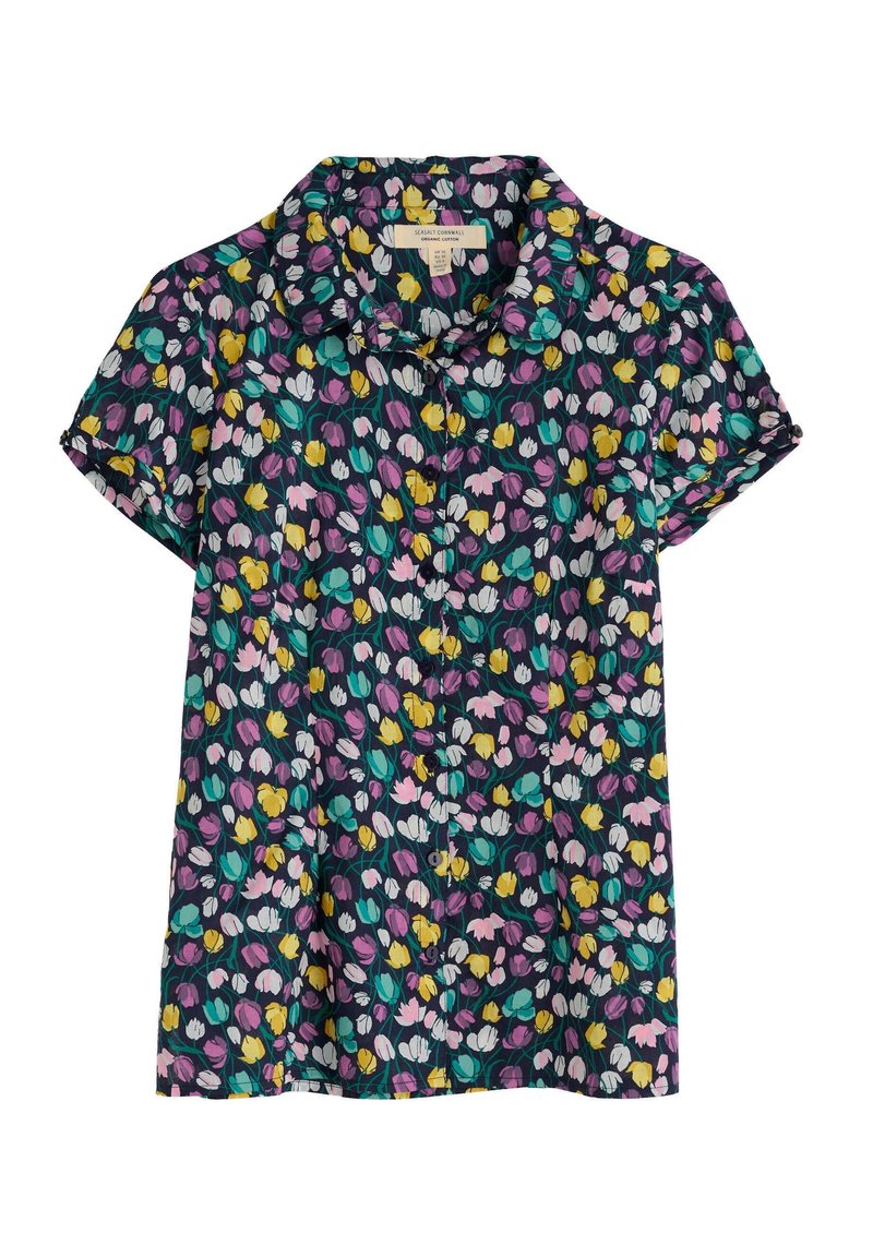 Chemise à manches courtes à boutons avec un motif floral multicolore en jaune, blanc, rose, violet et bleu sarcelle sur fond sombre.