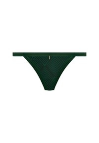Tanga verde oscuro con un diseño estampado que presenta motivos de chevron, lados de tiras finas y un pequeño acento de hardware dorado en el centro delantero.