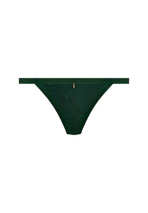 String noir vert foncé avec un motif à chevrons, des côtés en fines bandes et un petit accent en métal doré au centre avant.
